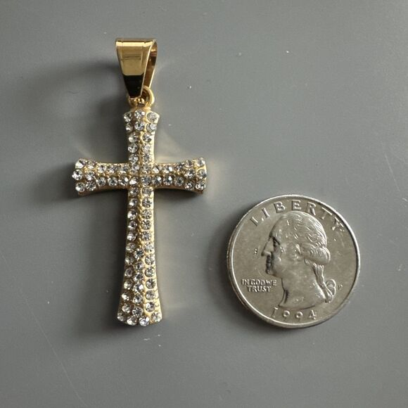 Cubic Zirconia Stainless Steel Cross Pendant Studded 24 Inch Necklace Gold Plate - Picture 3 of 6